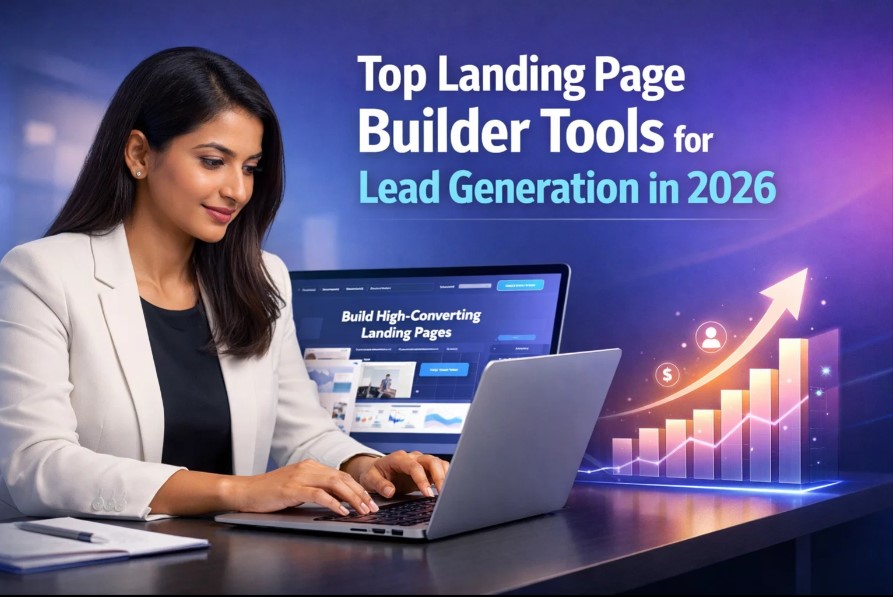 Top landing page builder tools for lead generation 2026 with Indian marketer using laptop
