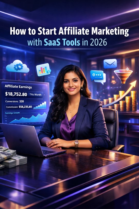 How to Start Affiliate Marketing with SaaS Tools in 2026 guide showing Indian woman using laptop with affiliate income dashboard