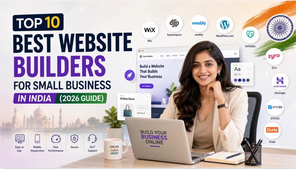 Top 10 Best Website Builders for Small Business in India 2026 featured image with Indian business woman, website builder logos, laptop workspace, premium modern web design concept.