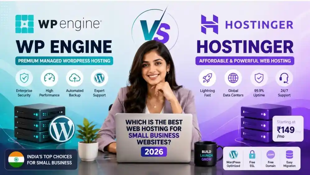 WP Engine vs Hostinger 2026 comparison featured image with Indian business woman and premium web hosting icons.