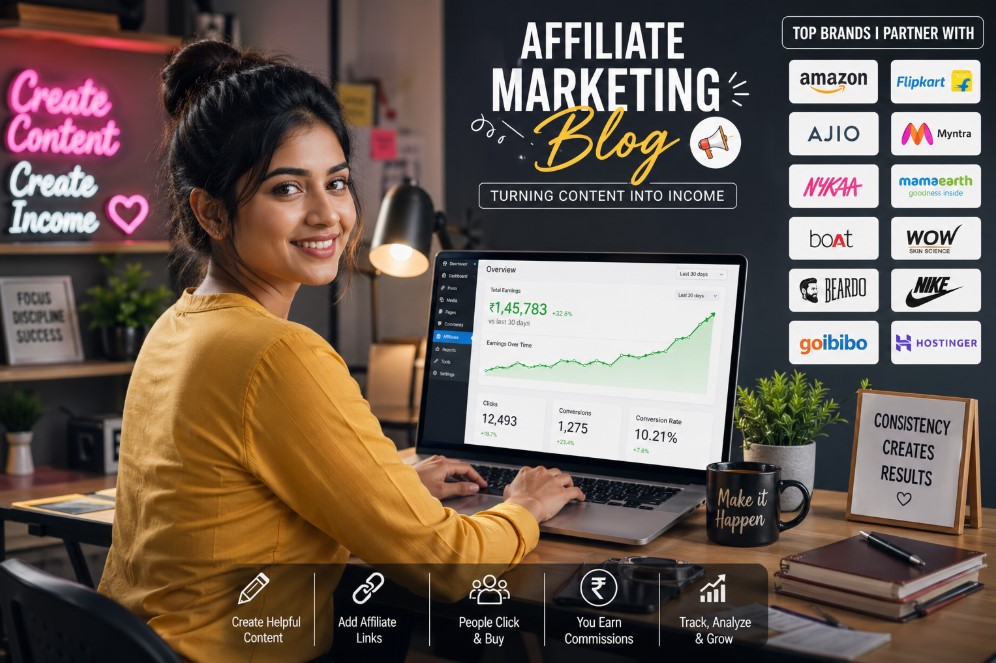AI affiliate marketing se income karti hui Indian blogger