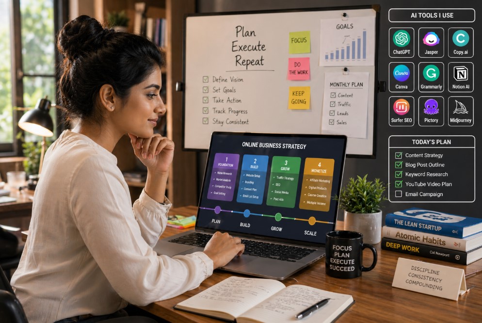 AI freelancing se online earning karti hui Indian woman