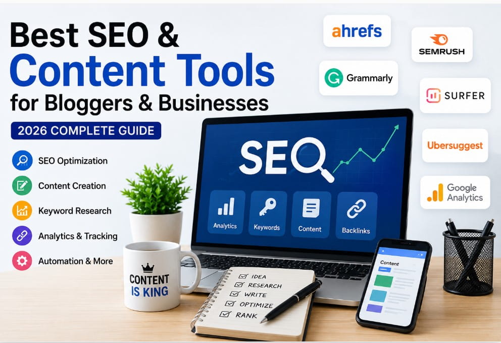 Best SEO and content tools for bloggers and businesses in 2026 complete guide with SEO optimization and digital marketing tools dashboard