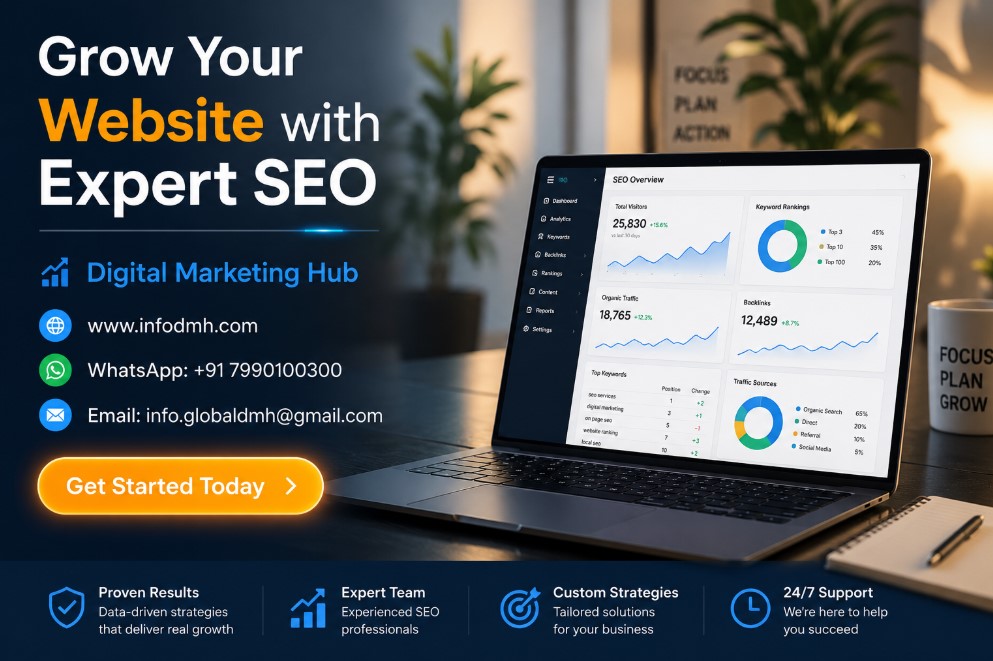Digital Marketing Hub SEO services contact banner website WhatsApp email