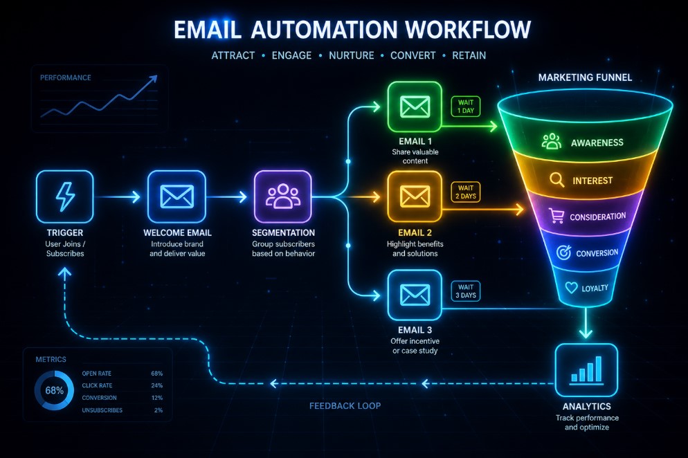 Beginner setting up email marketing tool with simple dashboard and workflow