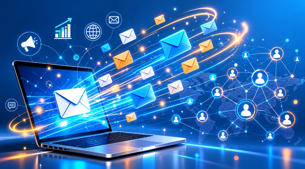 Email marketing concept showing global communication network and automation