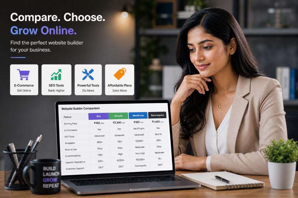 Website builder comparison table India SEO price ecommerce tools analysis