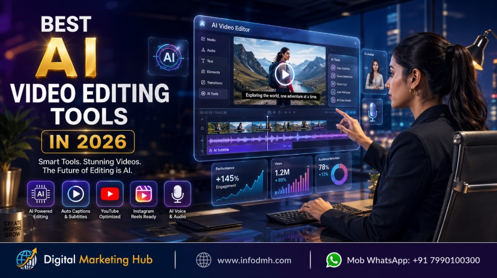 Best AI Video Editing Tools 2026 featured image with Indian woman using AI video editor