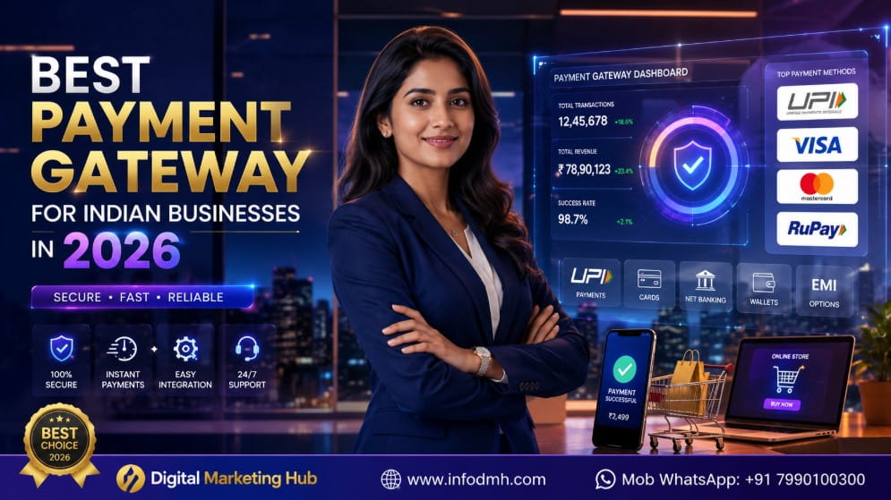 Best Payment Gateway for Indian Businesses 2026 featured image with Indian business woman and online payment dashboard