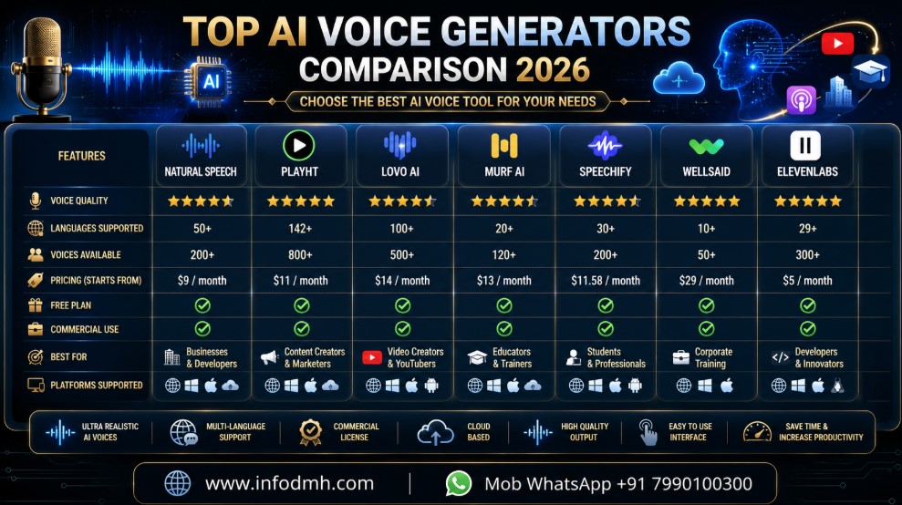 Comparison chart of the Best AI Voice Generators in 2026.