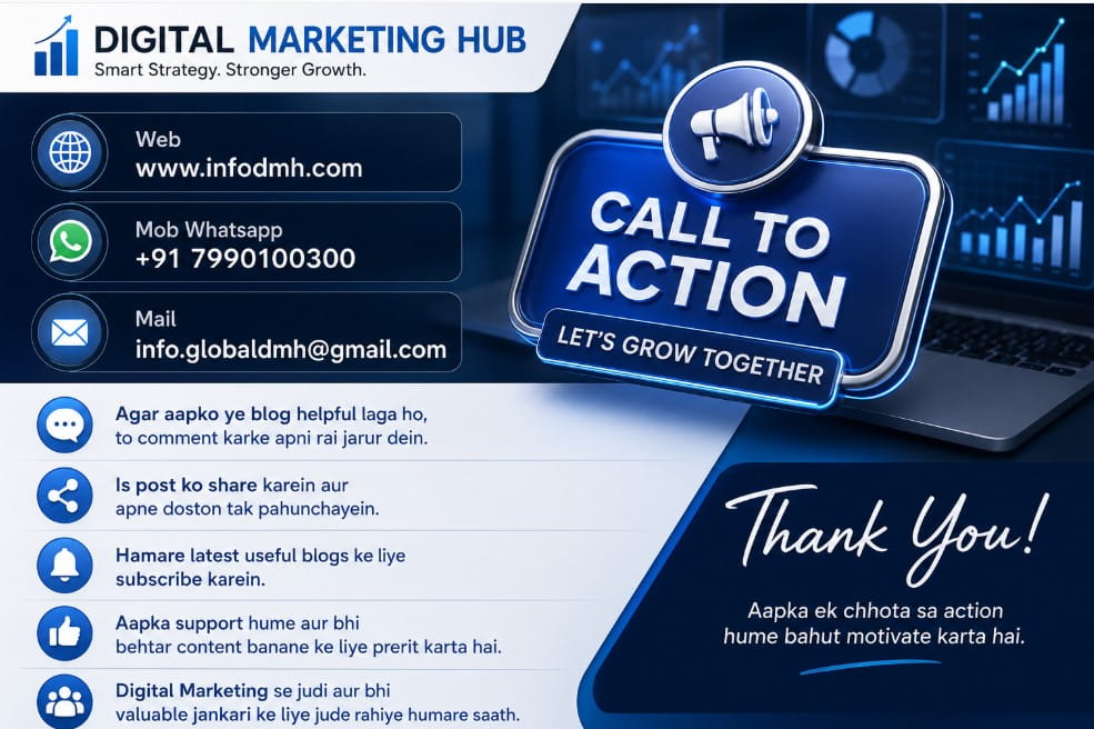 Digital Marketing Hub CTA banner with website, WhatsApp number, email contact, and call-to-action for readers to subscribe, comment, and share.