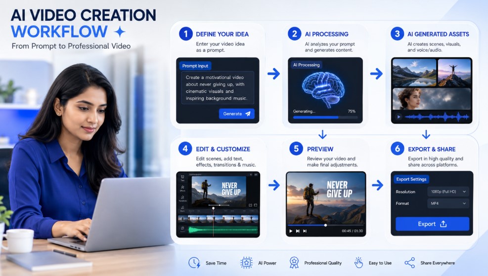Step by step process of creating videos using AI video generator tools