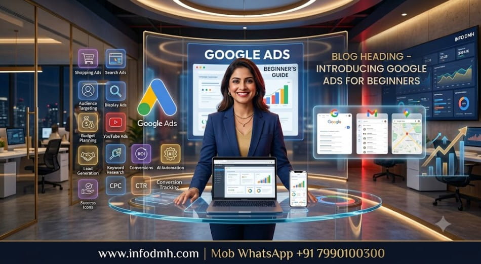 Google Ads Kaise Chalaye introduction with Google Ads dashboard and Indian business woman