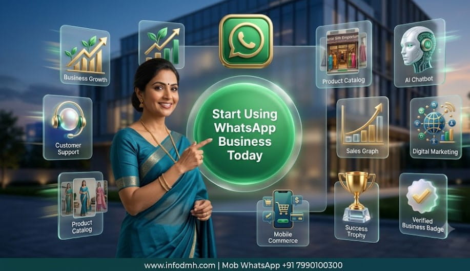 A premium call-to-action banner encouraging business owners to create a professional WhatsApp Business profile, automate customer communication, and increase sales.